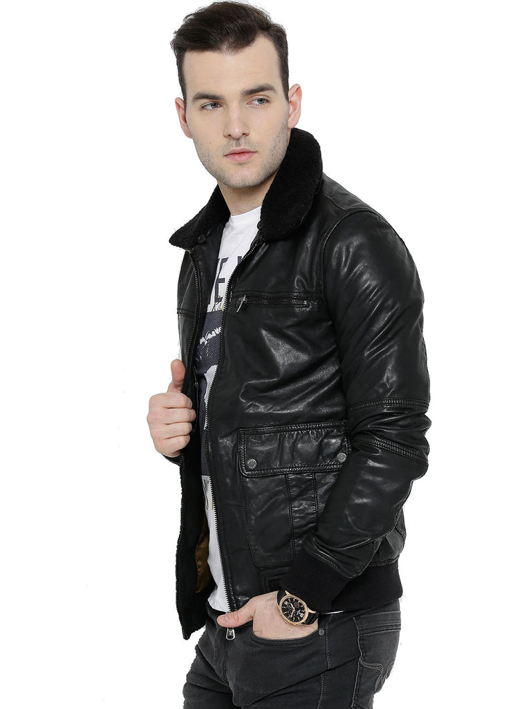 BARESKIN Black Leather Biker Jacket with Detachable Collar