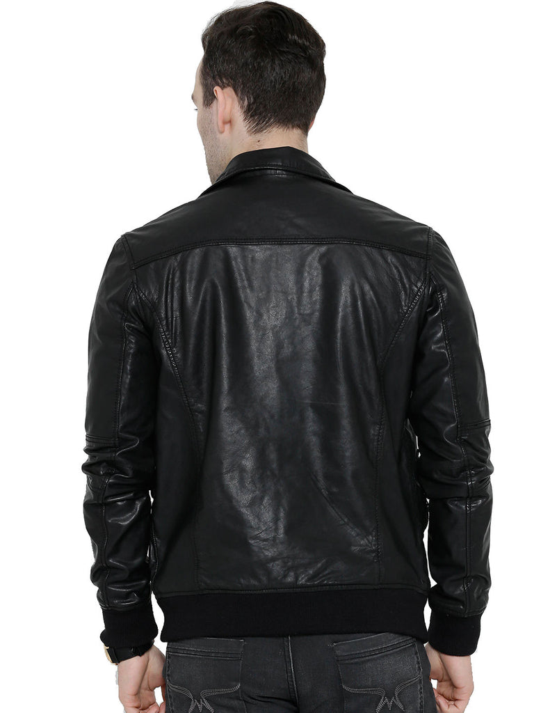 BARESKIN Black Leather Biker Jacket with Detachable Collar