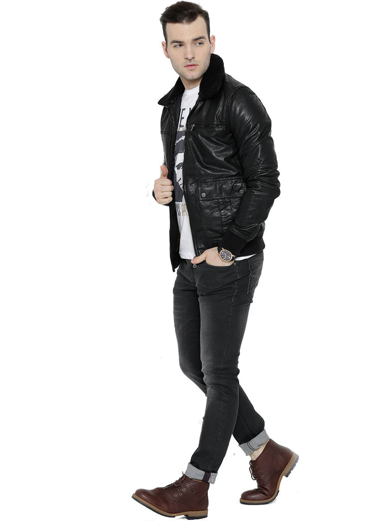 BARESKIN Black Leather Biker Jacket with Detachable Collar