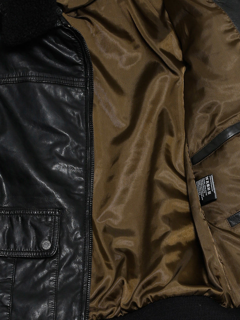 BARESKIN Black Leather Biker Jacket with Detachable Collar