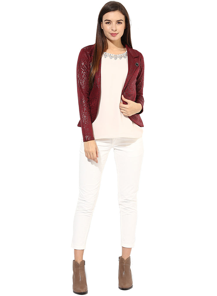 Maroon Leather Stretch Knit Jacket